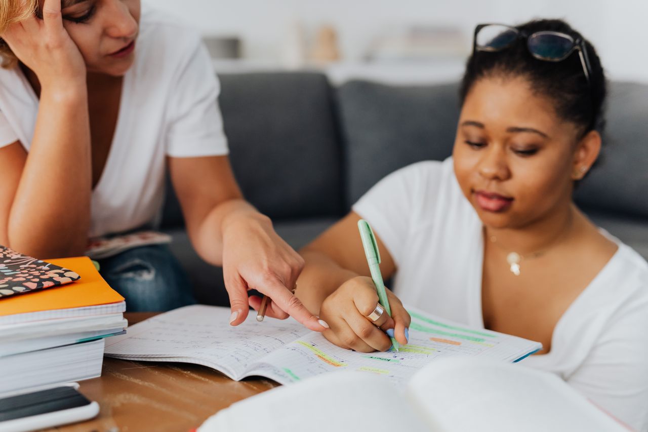 Offerings Two women studying with notebooks and pens in a tutoring session.