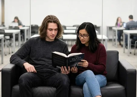 A tutor supporting a learner with a workbook A tutor supporting a learner with a workbook